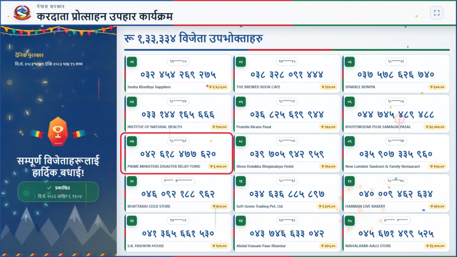 प्रधानमन्त्री राहत कोषमा सहयोग गर्ने ग्राहकलाई १ लाख पुरस्कार